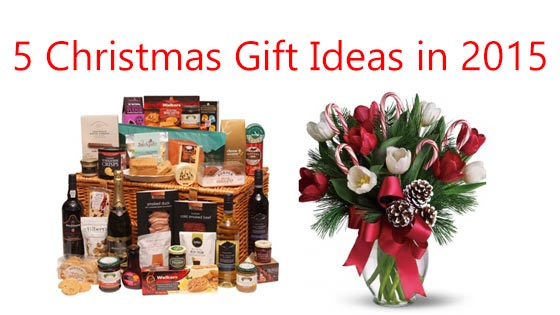 5 Christmas Gift Ideas in 2015 heading with Christmas groceries placed outside a wooden box and a Christmas bouquet in a glass vase