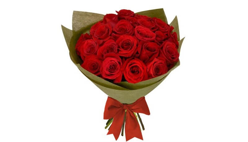 Bouquet of red roses tied with a big red ribbon
