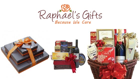 Raphael's Gifts Logo header and a box of chocolate tower and two Christmas baskets