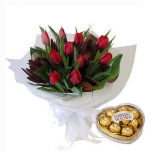 Send these 10 pcs red tulips artistically arranged in a bouquet with T8 Heart Shape Ferrero
